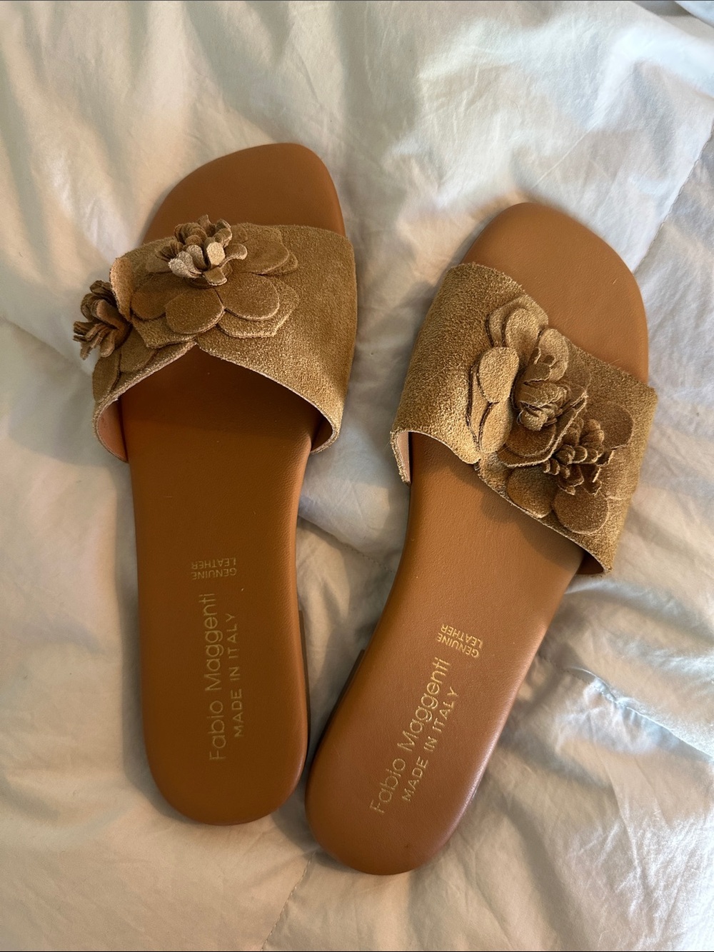Fabio Maggenti Made in Italy - Tan Floral Suede Slide Sandals - 9